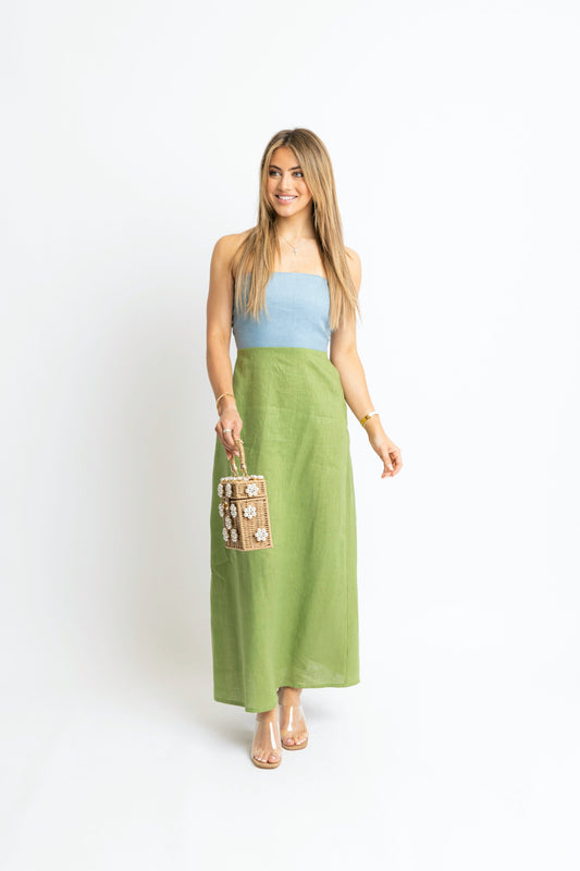 Colorblock linen bustier maxi dress