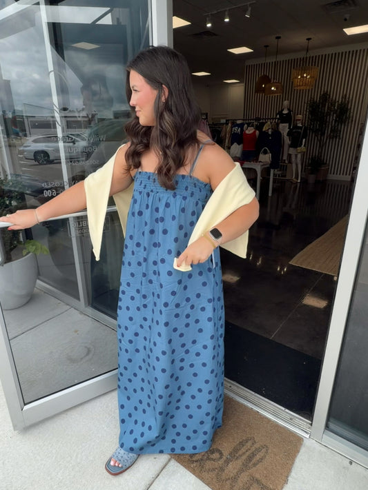 blue polka dot maxi dress