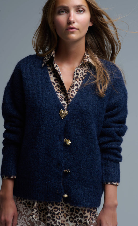 Chunky Navy Knitted Cardigan With Medley Gold Buttons