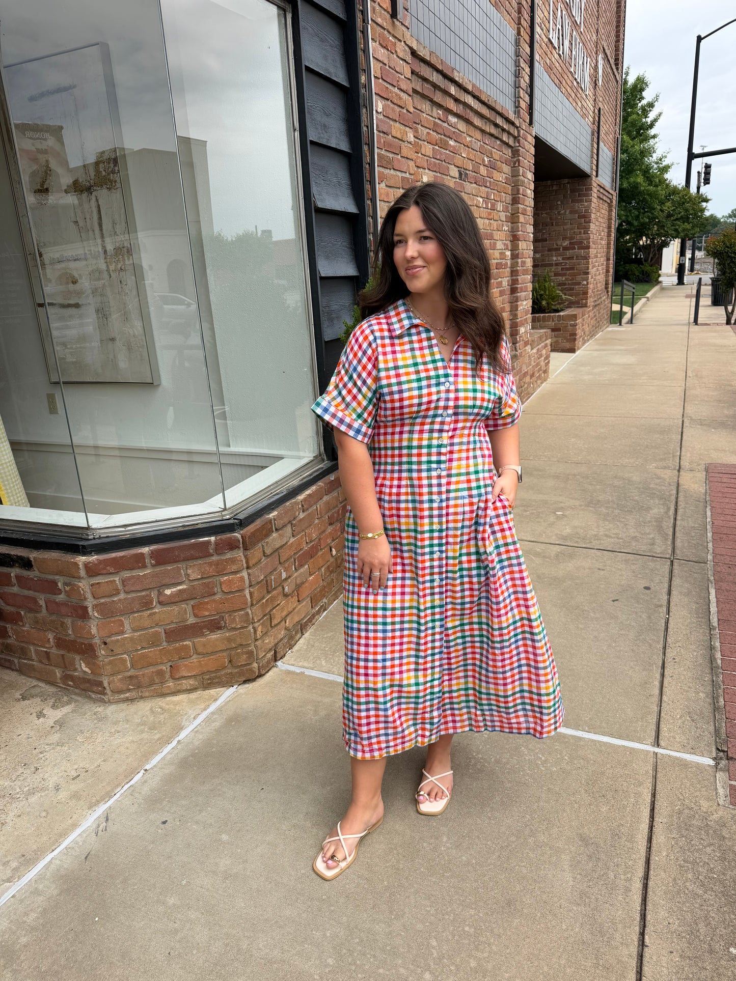 plaid button down midi dress