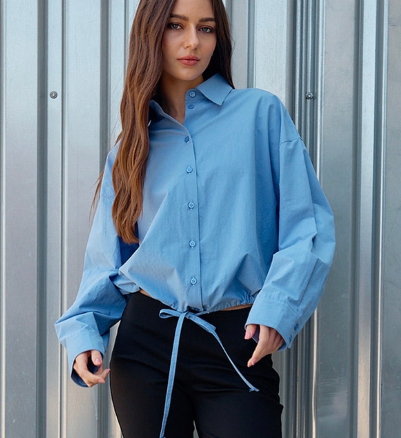 Drawstring Hem Relaxed Shirt blue