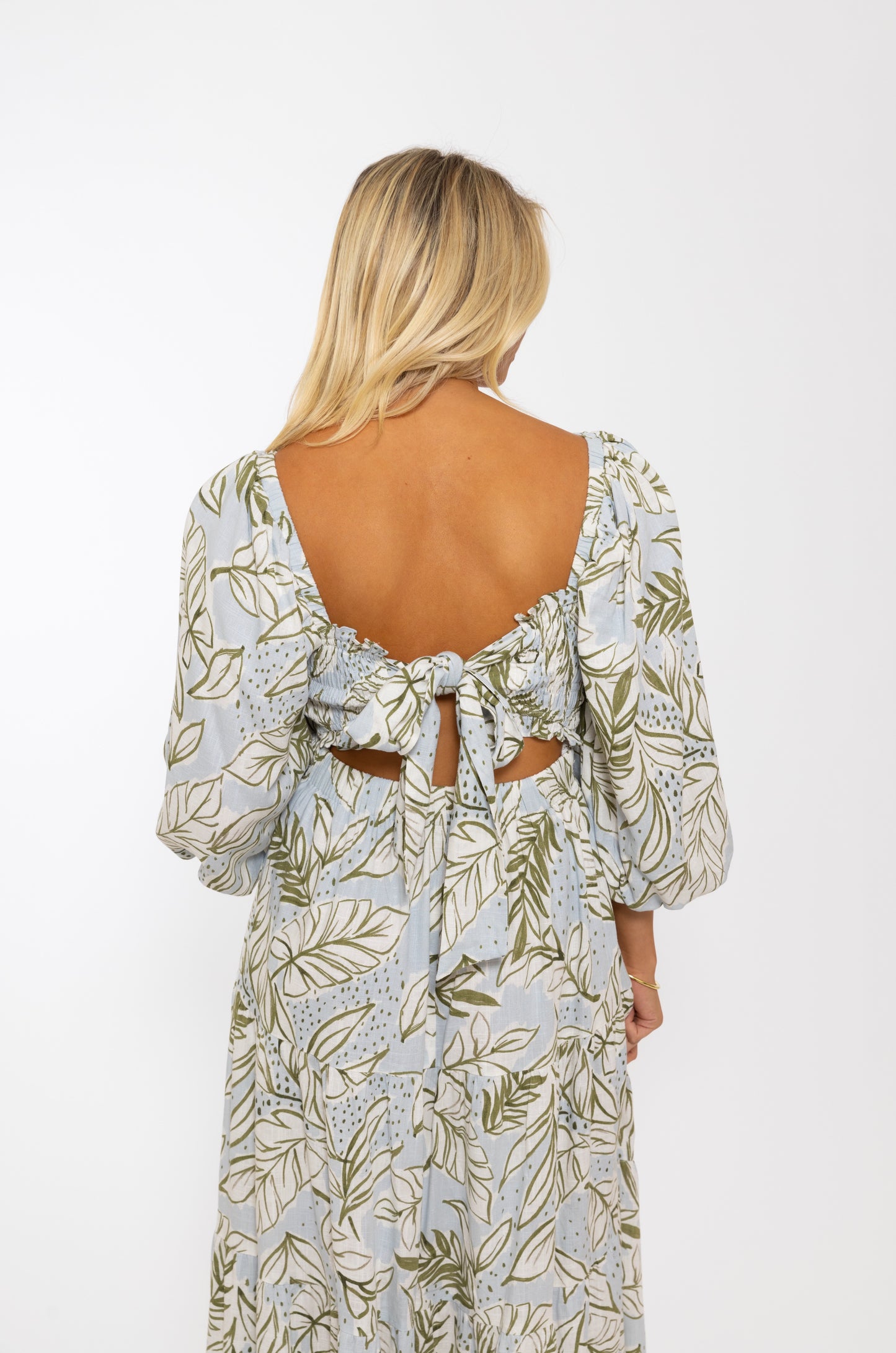 KARLIE Palm Linen Smock Knot Back Maxi Dress *was $120, now $60-final sale*