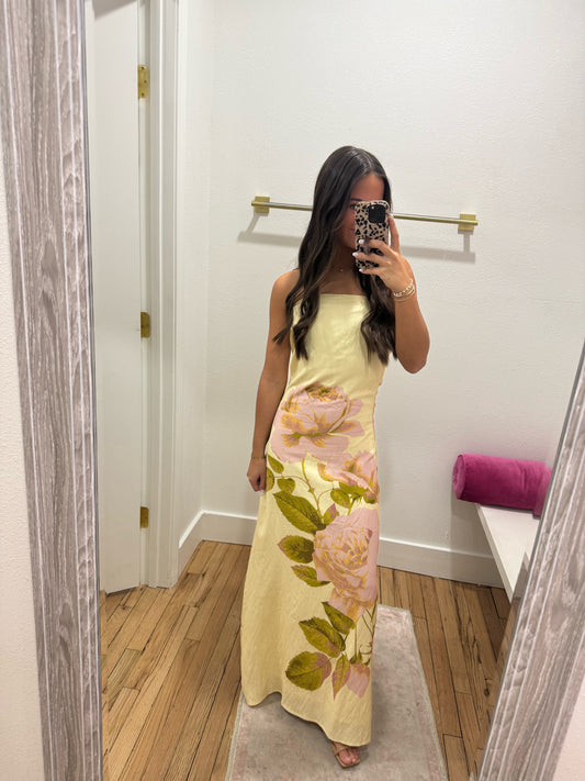 Butter yellow floral strapless maxi dress