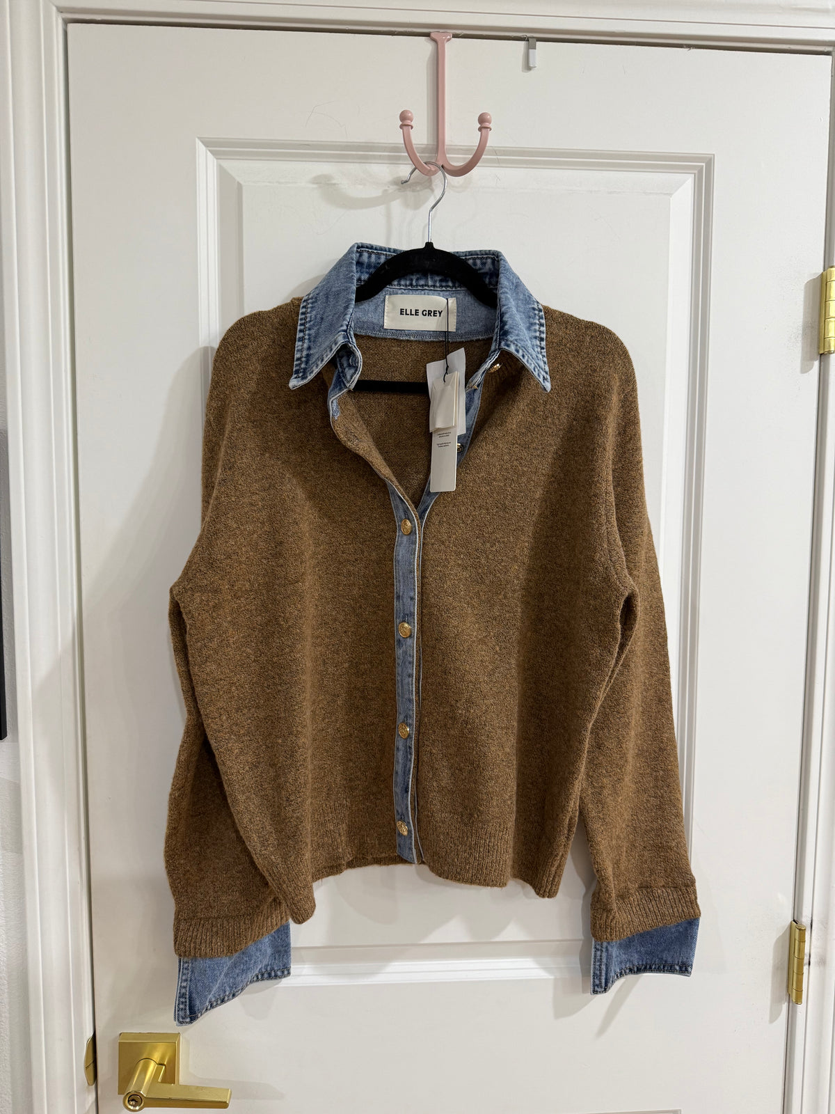 DENIM COLLAR CONTRAST KNIT CARDIGAN