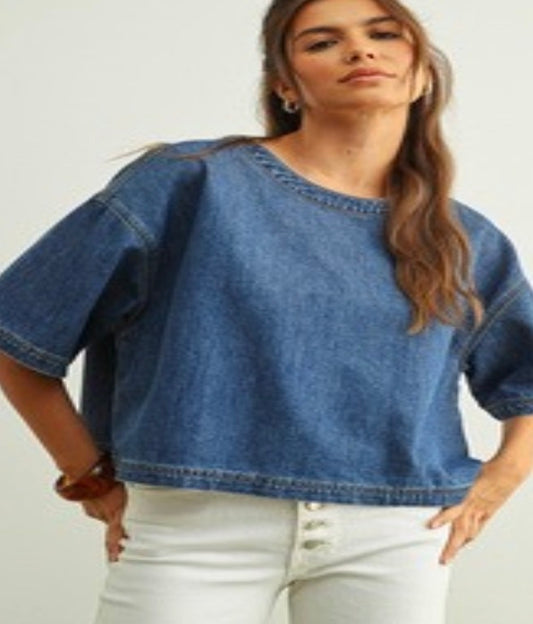 ROUND NECK SHORT SLEEVE DENIM TOP