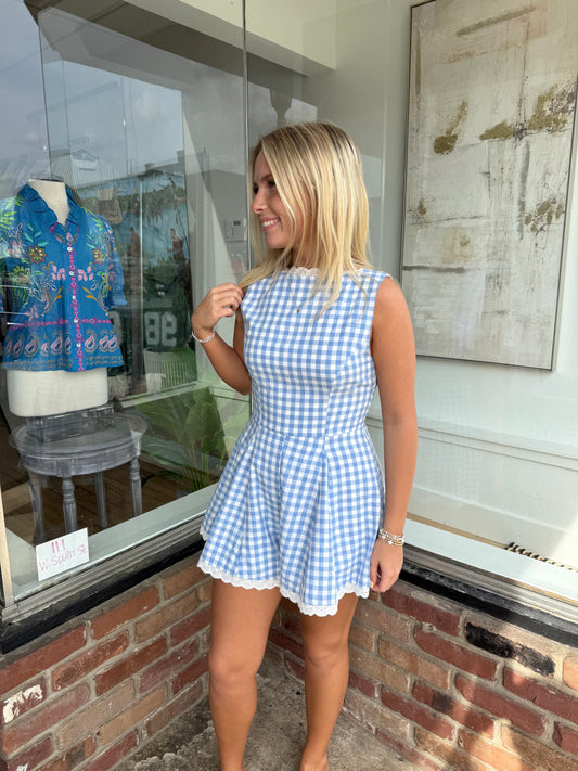 blue plaid sleeveless romper