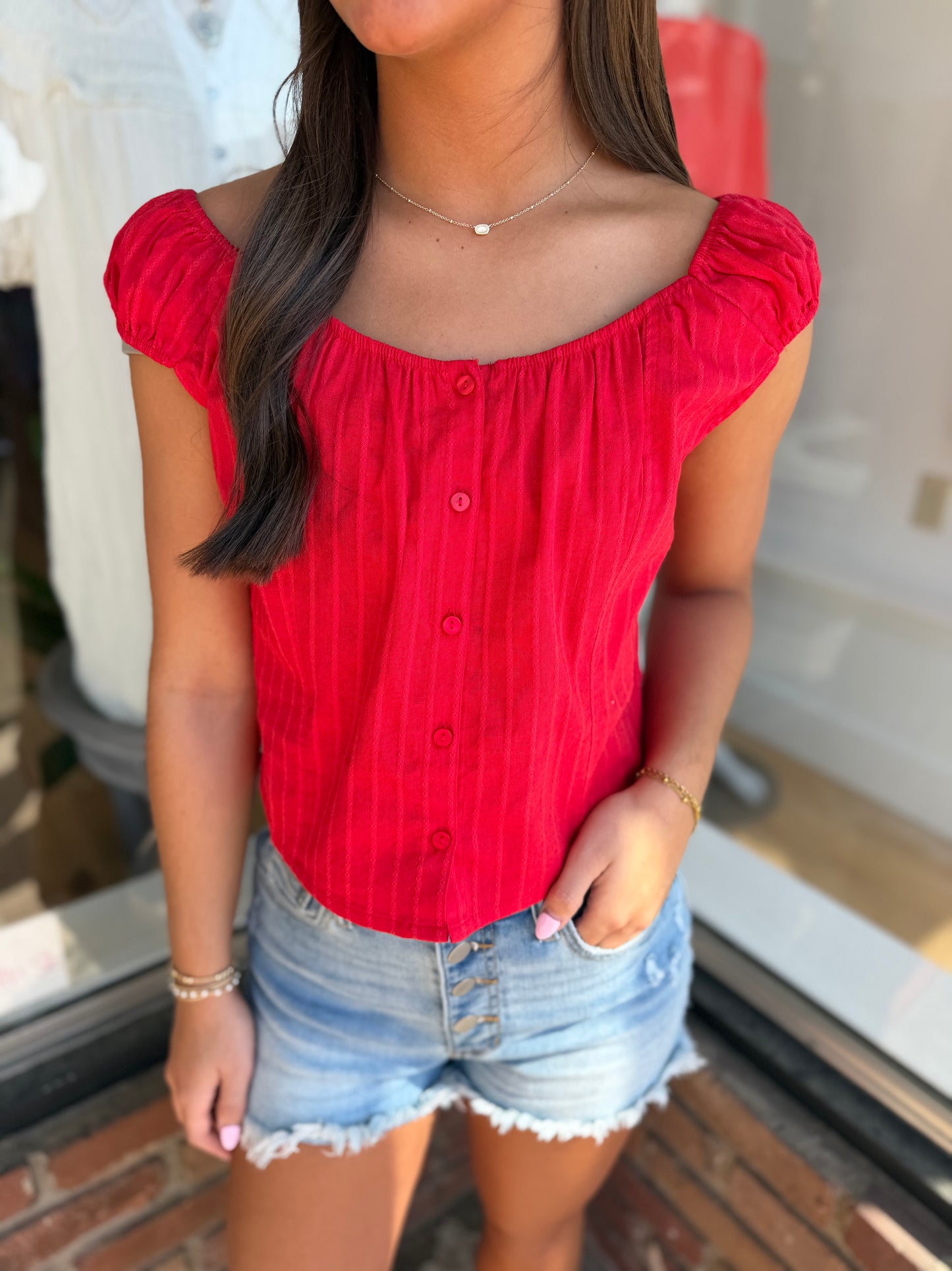 red cinch sleeve top