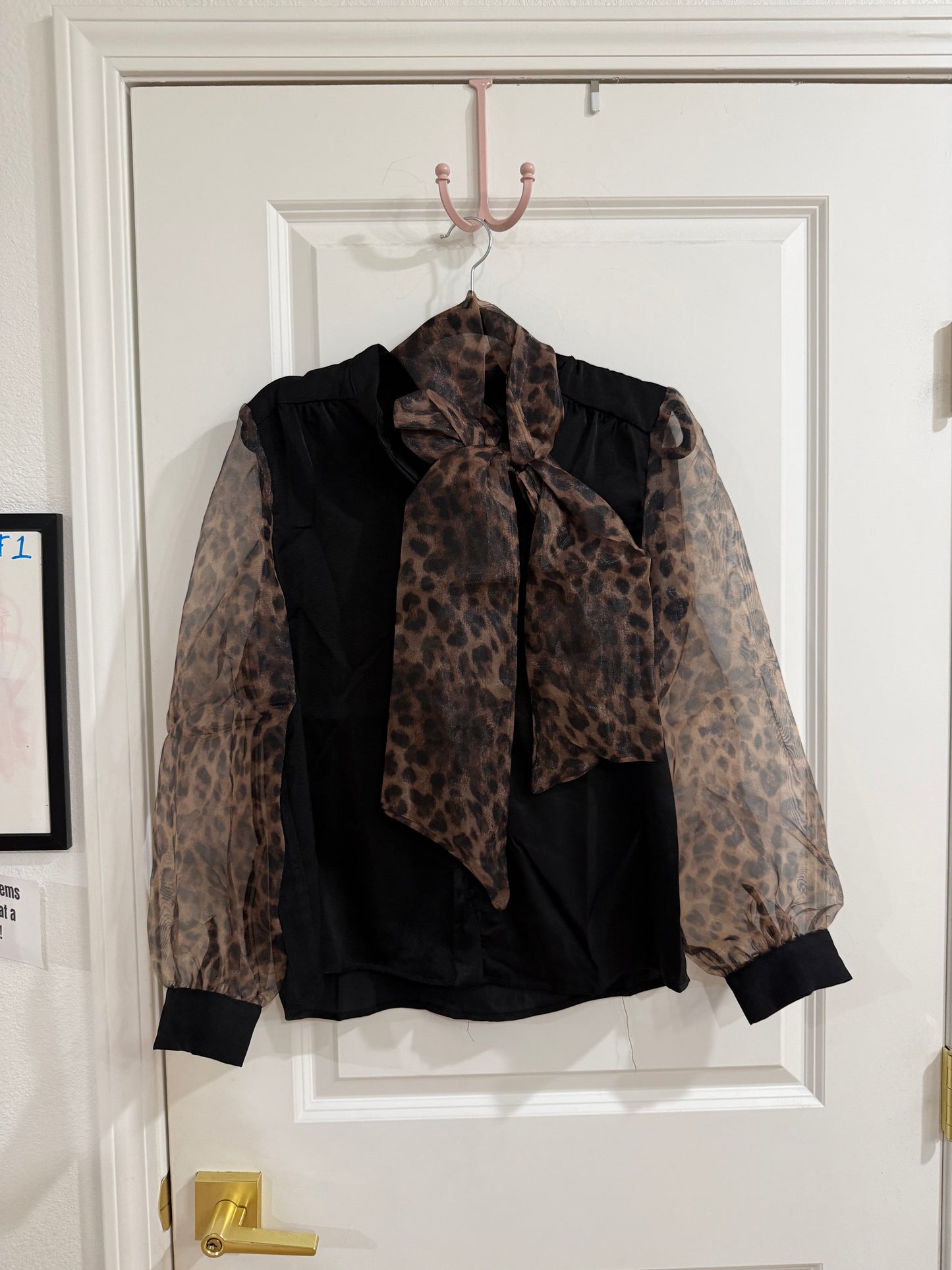 MIXED MEDIA SELF TIE NECKLINE DETAIL BLOUSE