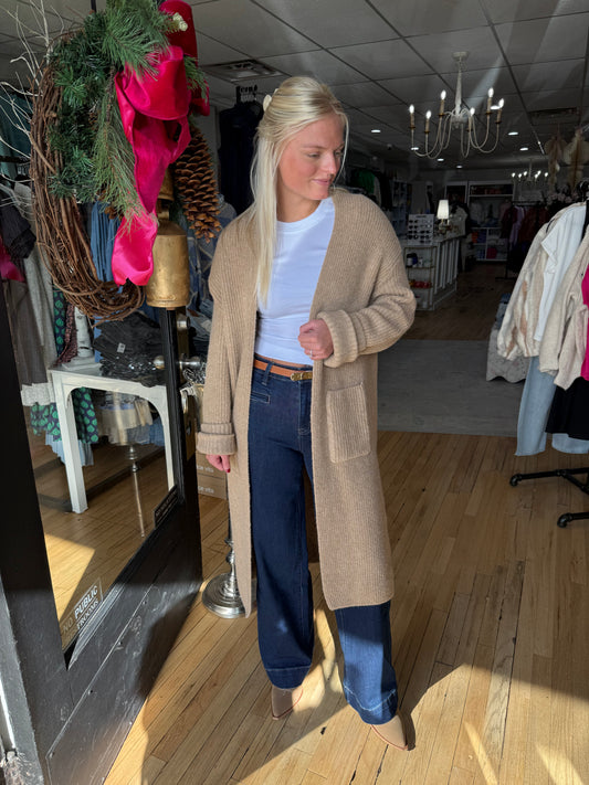 RIBBED KNIT LONGLINE SWEATER CARDIGAN