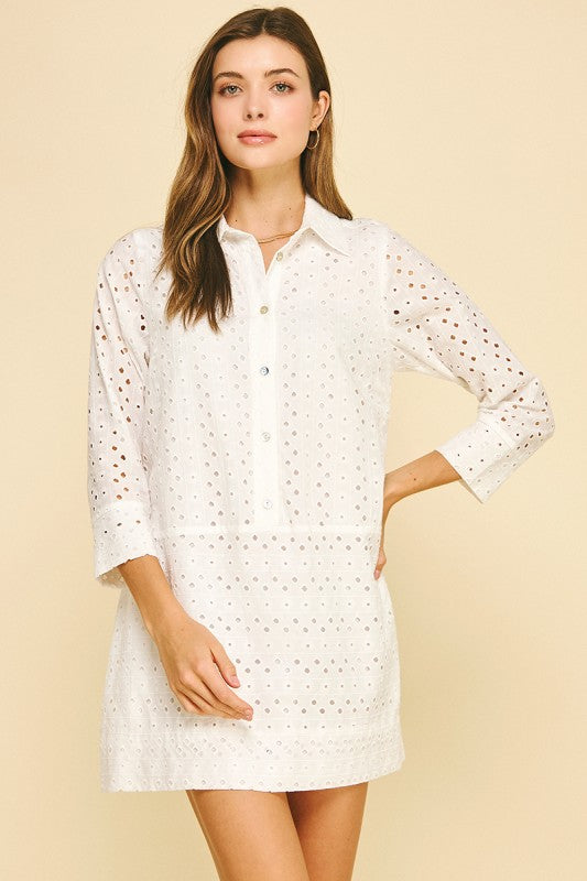 eyelet detailed white mini dress