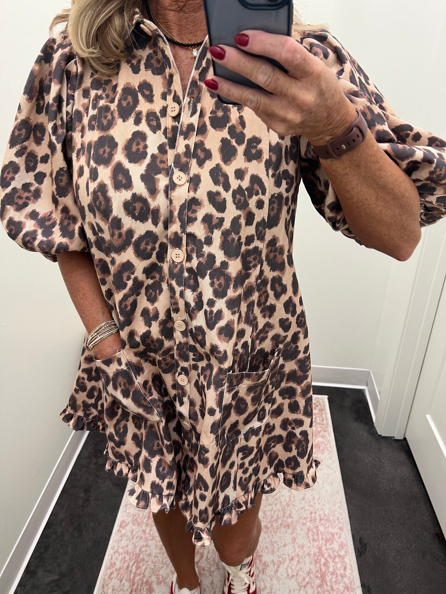KARLIE leopard denim ruffle dress