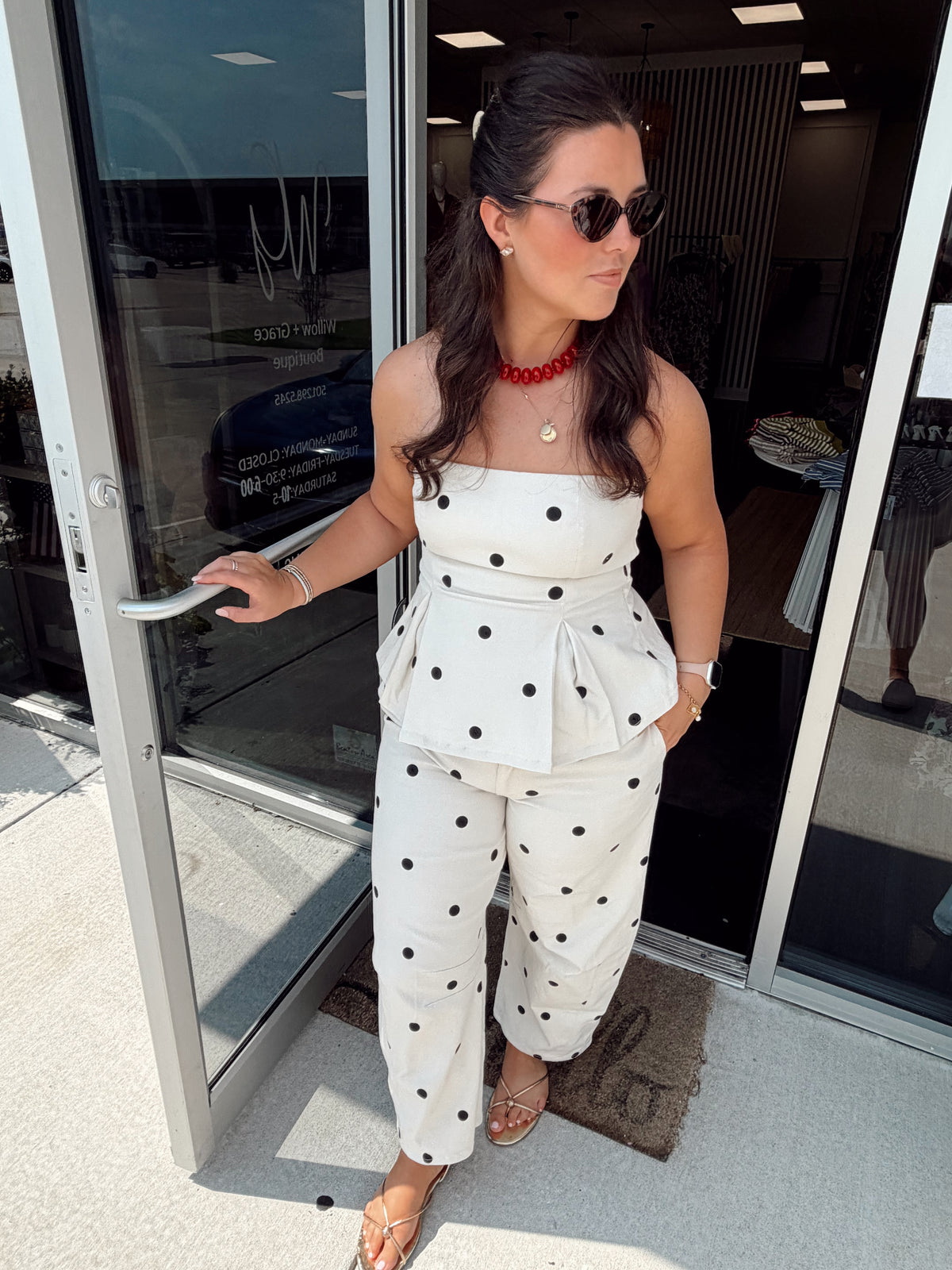 POLKADOT STRAPLESS PEPLUM TOP AND BARREL PANTS SET