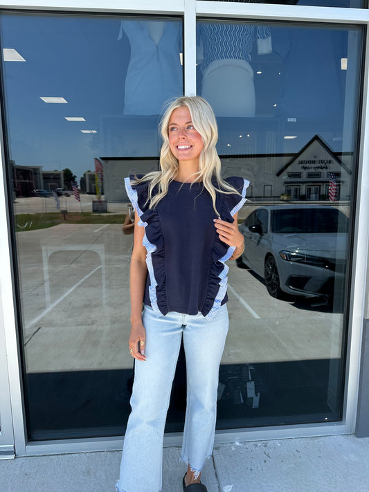 Stripe ruffle detail navy top