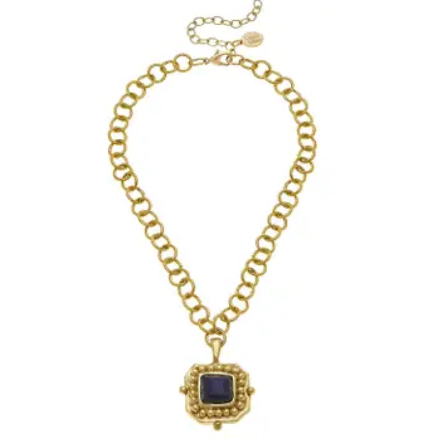 Gold Chain Necklace with Black Crystal Pendant - Susan Shaw