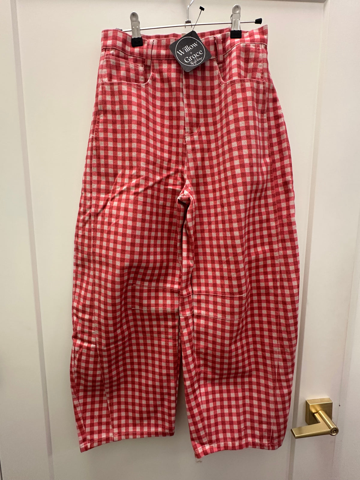 red/pink gingham check jeans