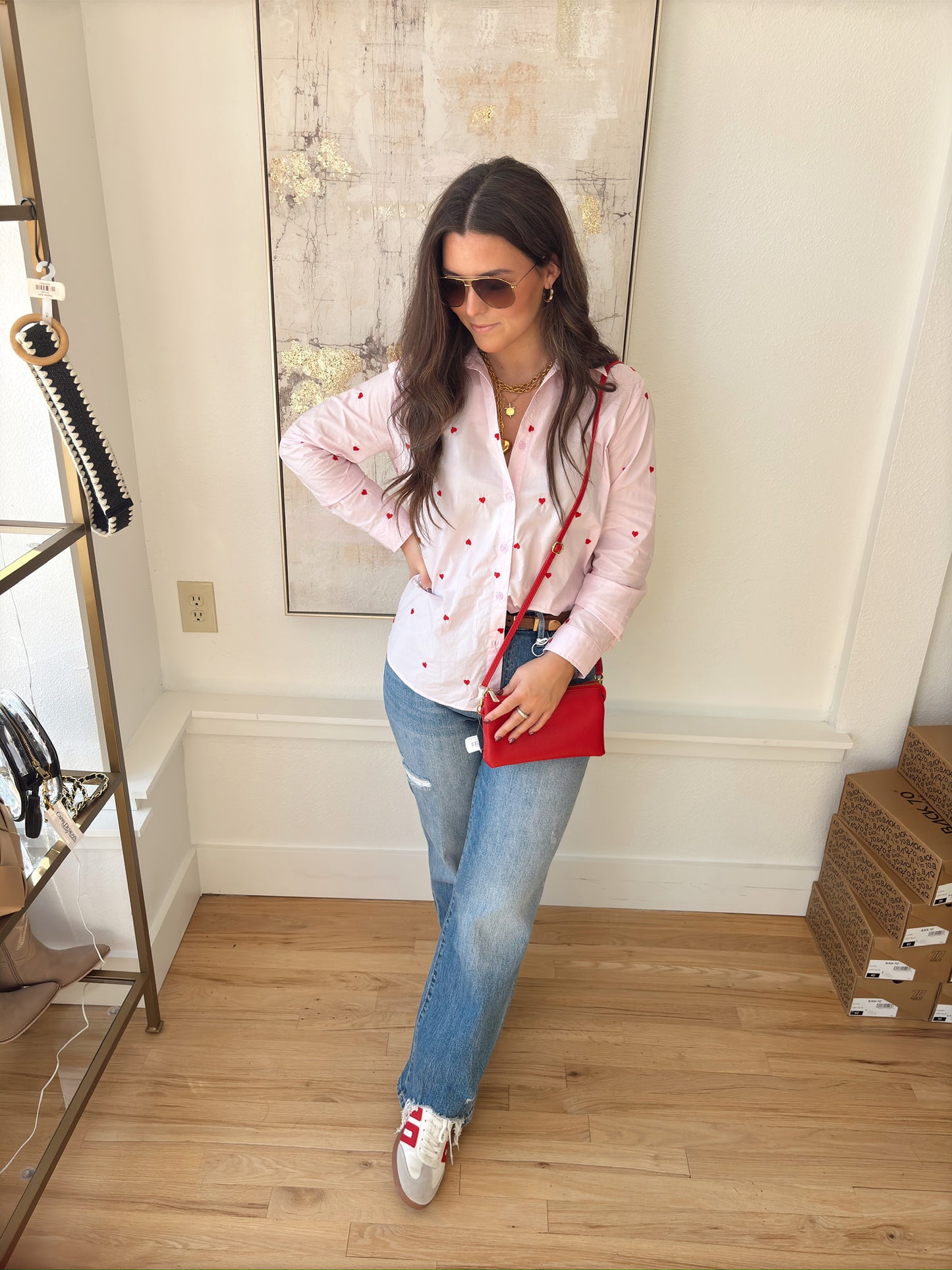 Lavender Red Heart Button down top