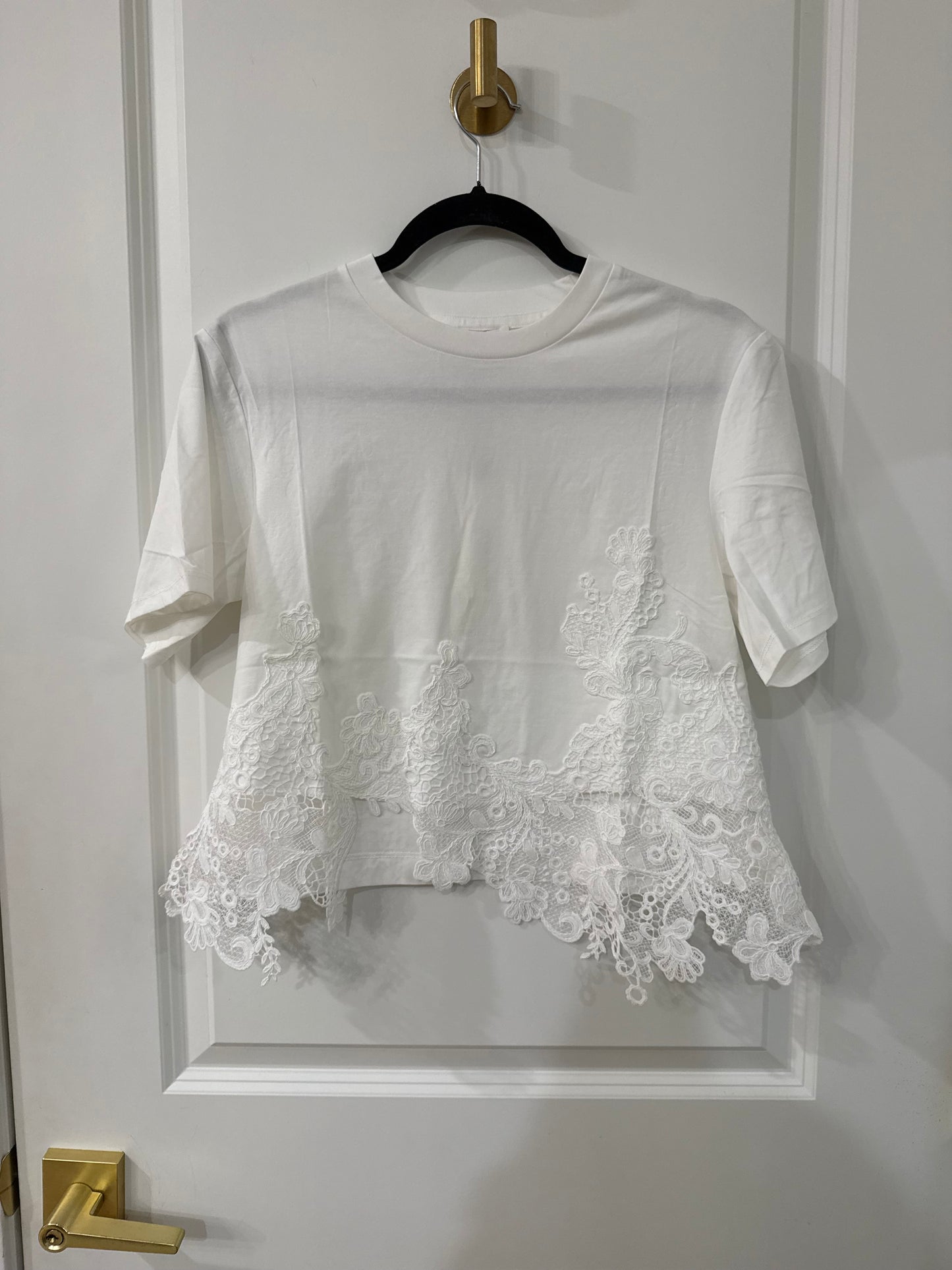 ROUND NECK SHORT SLEEVE CROP TOP W/ LACE HEM