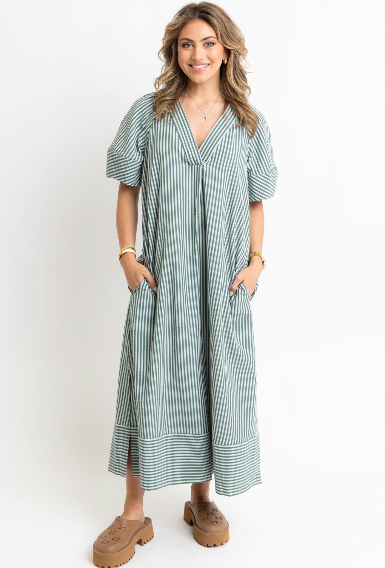 Stripe Vneck Puff Slv Maxi Dress - Karlie