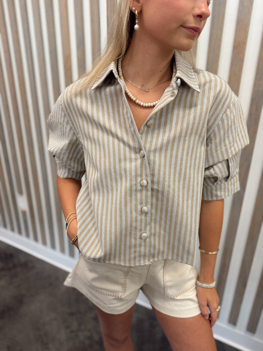 STRIPE LINEN BUTTON PUFF SLV TOP - Karlie