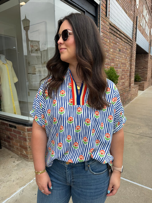 Floral Stripe Print Split Neck Blouse