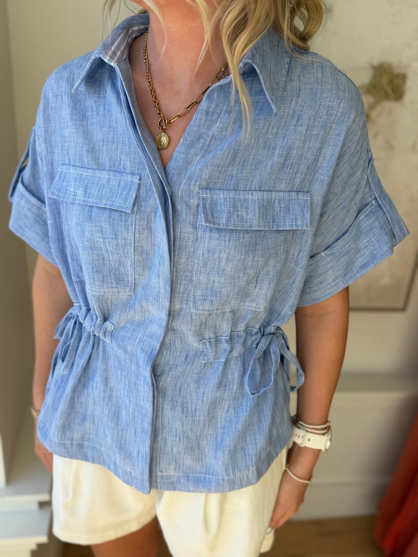 Chambray cinched waist top