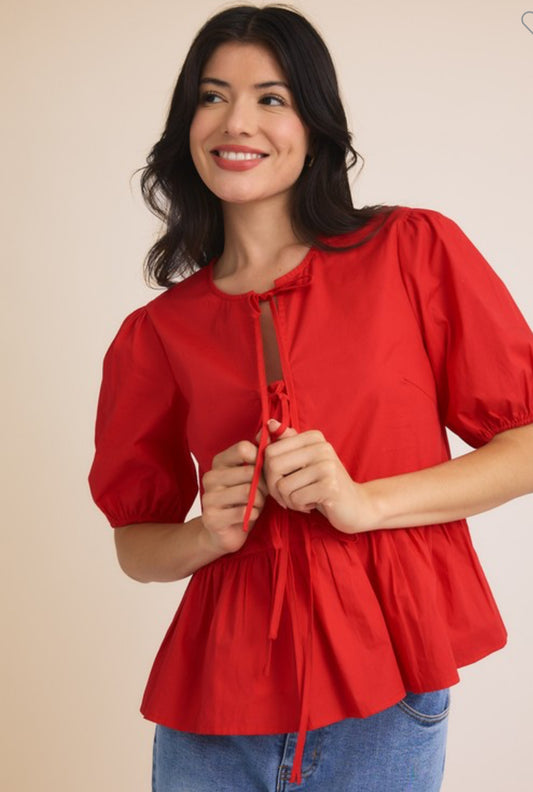 FRONT TIES PUFF HALF SLEEVE BLOUSE