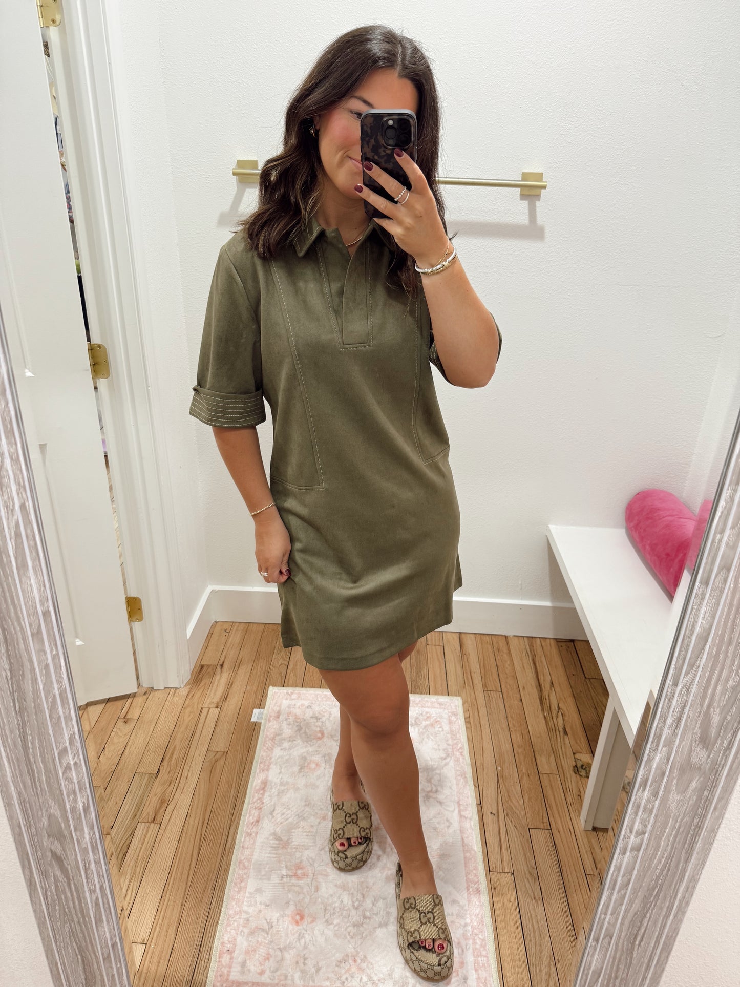 short sleeve collared suede dress