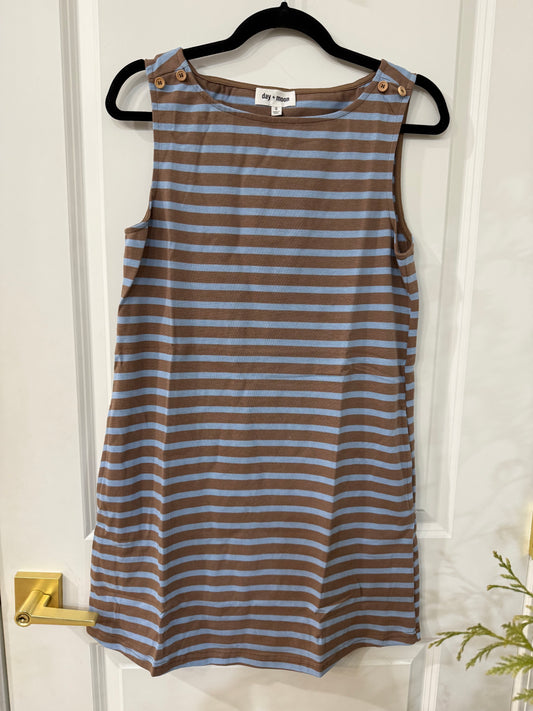 STRIPED SLEEVELESS BOAT NECK SWING CASUAL MINI DRESS