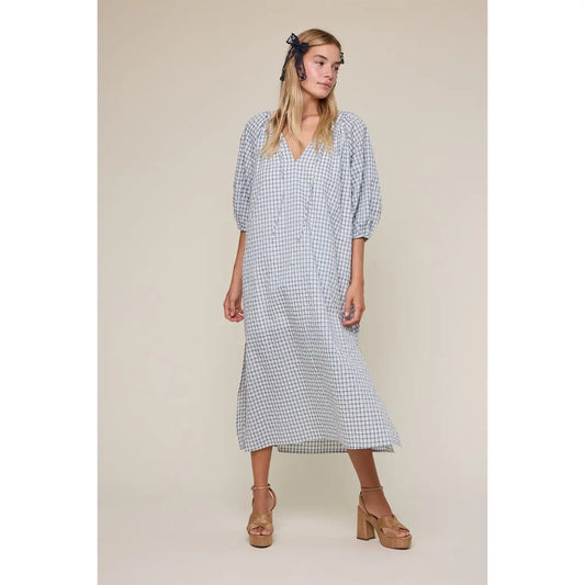 Cream/Blue checked midi