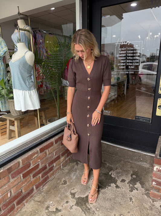 Chocolate brown ribbed ss midi dress