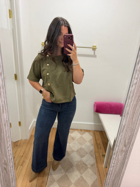 Suede olive top w/gold buttons