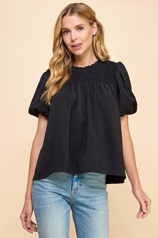 Black keyhole smocked top