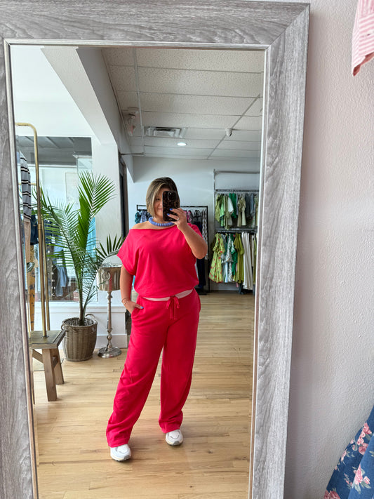 Red off the shoulder pant set