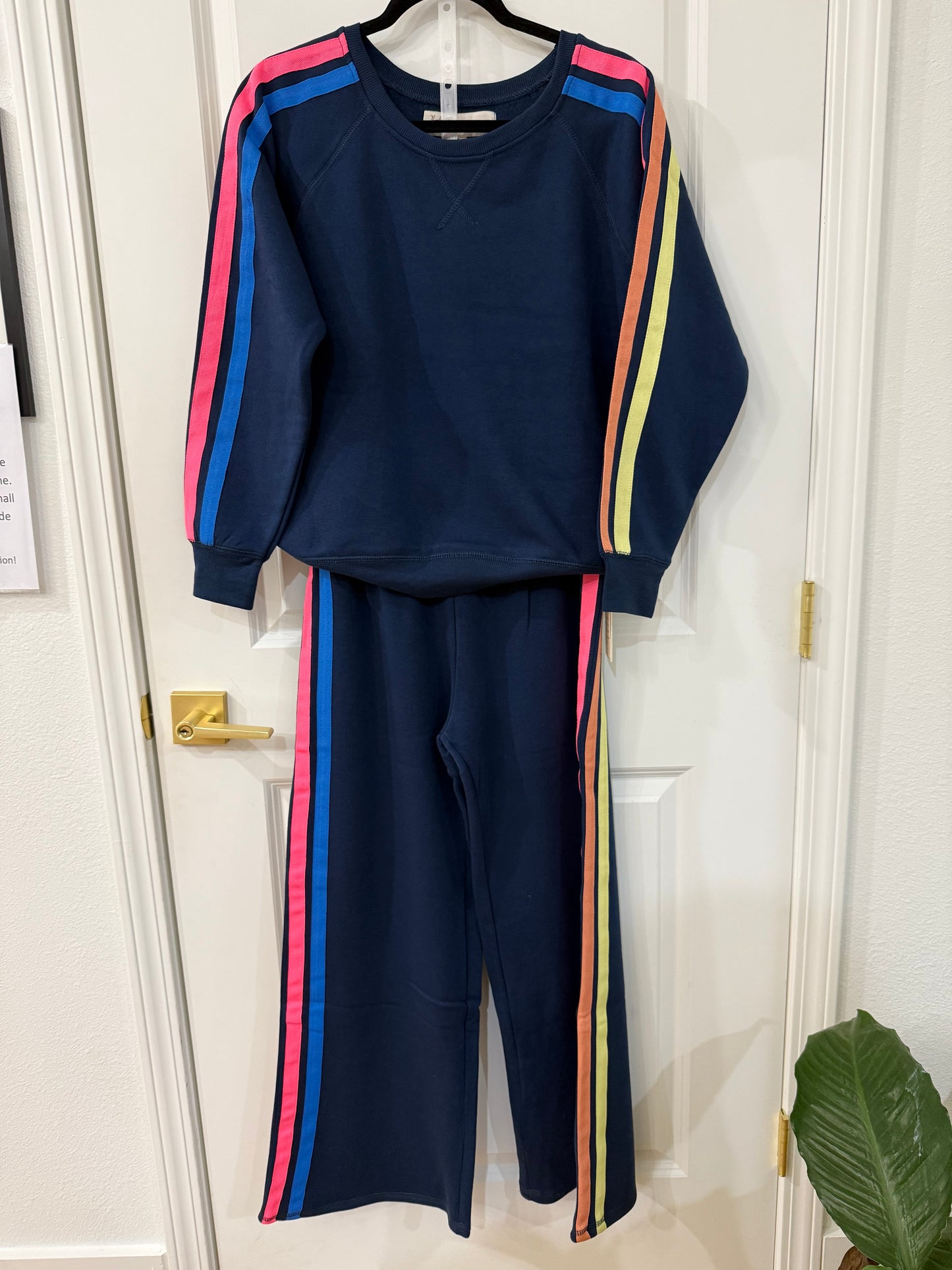 GALAXY BLUE W/ NEONS STRIPE HEATHER FLEECE OFF SHOULDER TOP set
