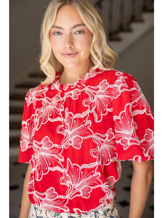 Ruffled Round Neck Floral Embroidered Top