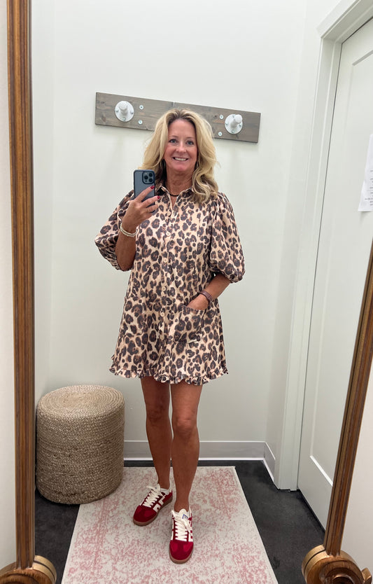 KARLIE leopard denim ruffle dress