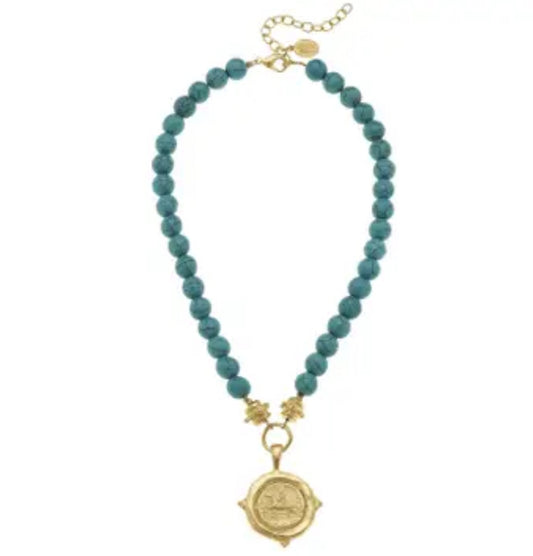 Turquoise with Italian Intaglio Equestrian Necklace - Susan Shaw