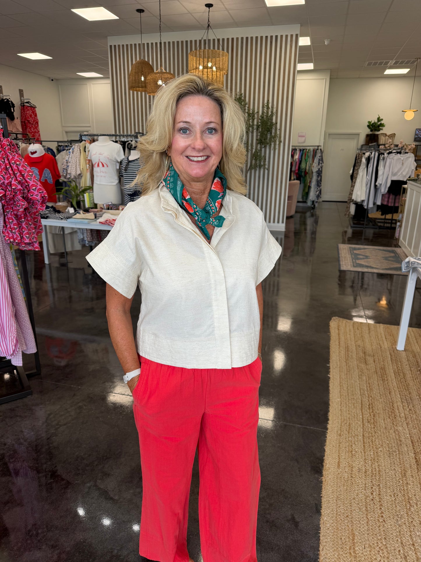 Red cotton stretch waist pants