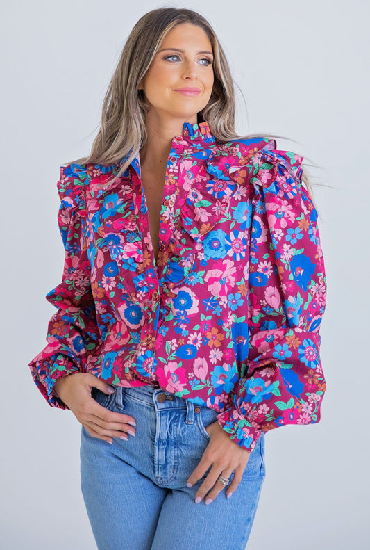 London Floral Ruffle Button Top - Karlie - was $59,now $35 final sale