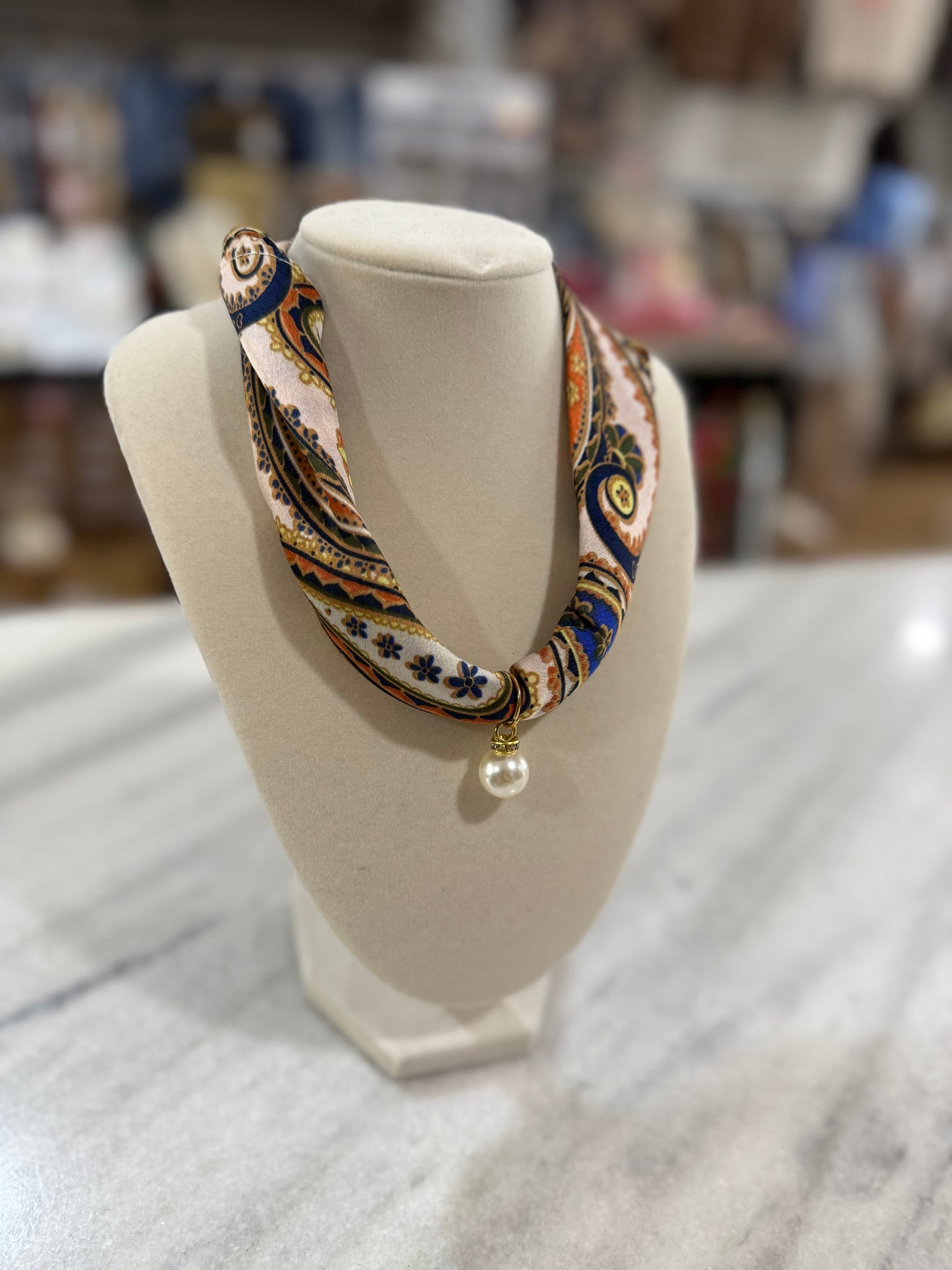 Pearl charm scarf necklace