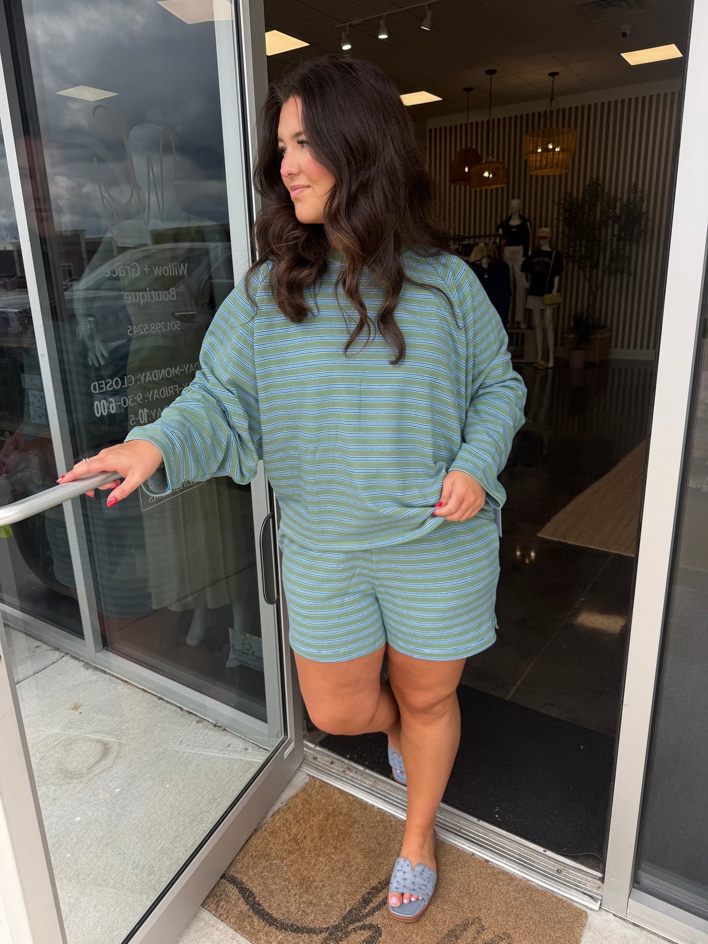 green/blue stripe short set