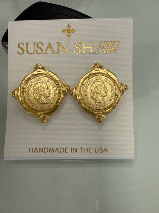 Gold Intaglio Coin Pierced Earrings - Susan Shaw