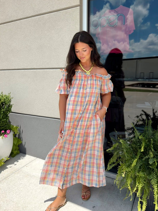pink plaid off the shoulder maxi dress