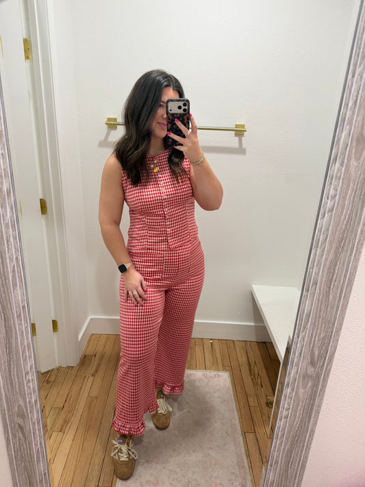 red gingham ruffle hem pant