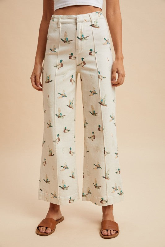 mallard printed stretch denim wide leg pants