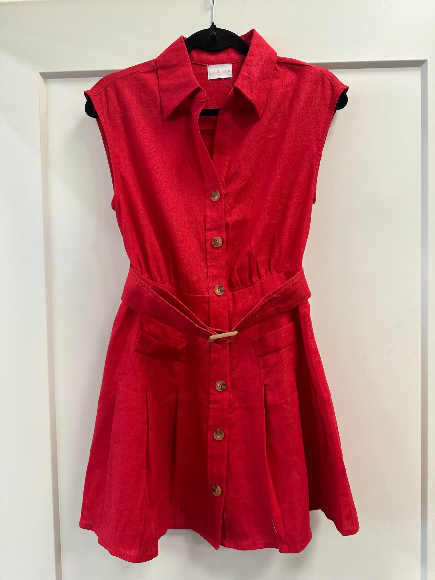 SOLID LINEN BELT SHIRT DRESS - Karlie