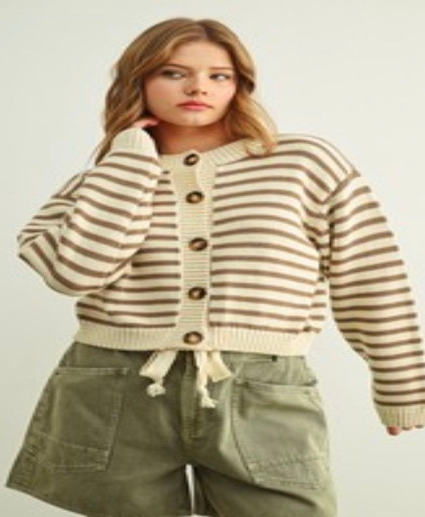 STRIPED PATTERN BUTTON FRONT KNITTED CARDIGAN