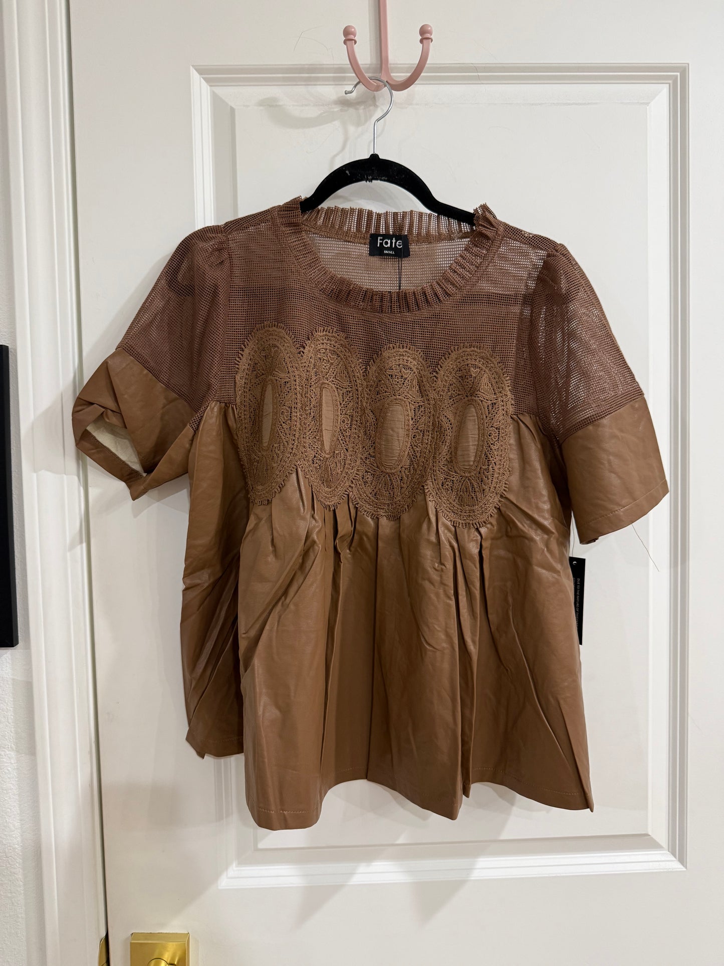LACE OVERLAY FAUX LEATHER BABYDOLL TOP