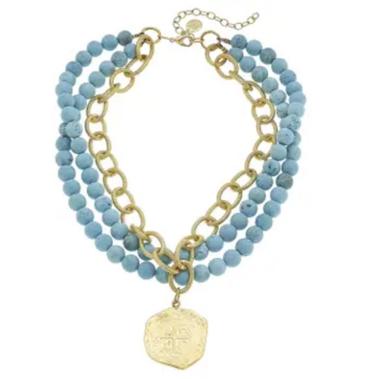 Gold Coin On 3 Row Genuine Matte Turquoise Necklace - Susan Shaw