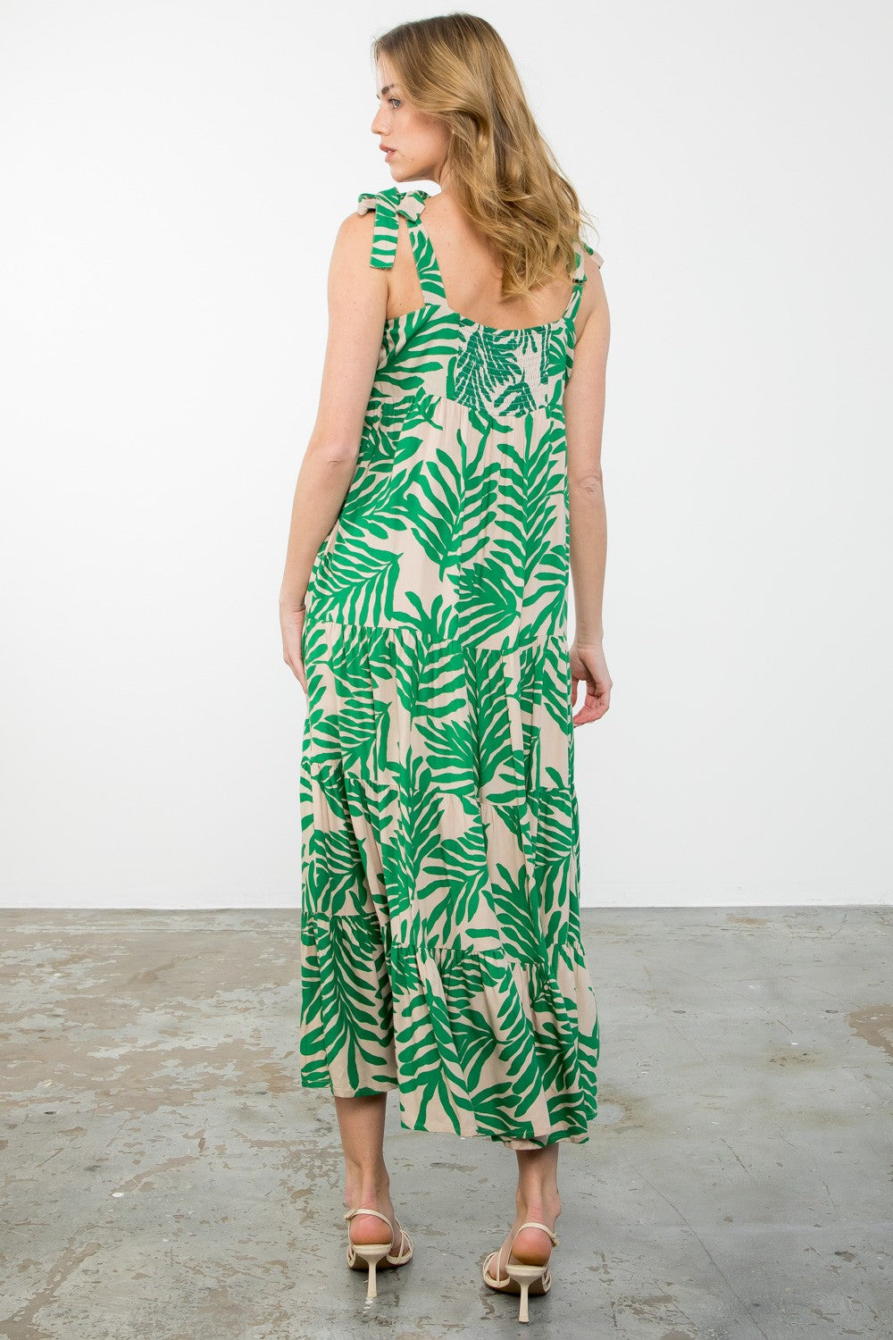 Green palm tie maxi dress